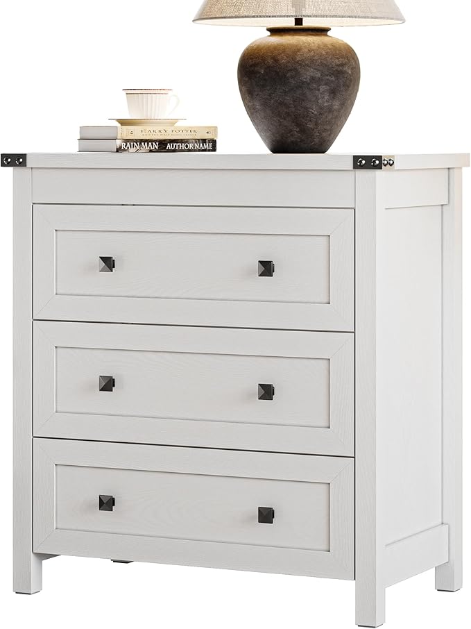 Dresser for Bedroom with 3 Drawers, Small Chests of Drawers, 27.55" Wide Farmhouse Wood Nightstand Bedside Cabinet End Table, Modern Closet Storage Organizer for Living Room, Entryway, Hallway, White