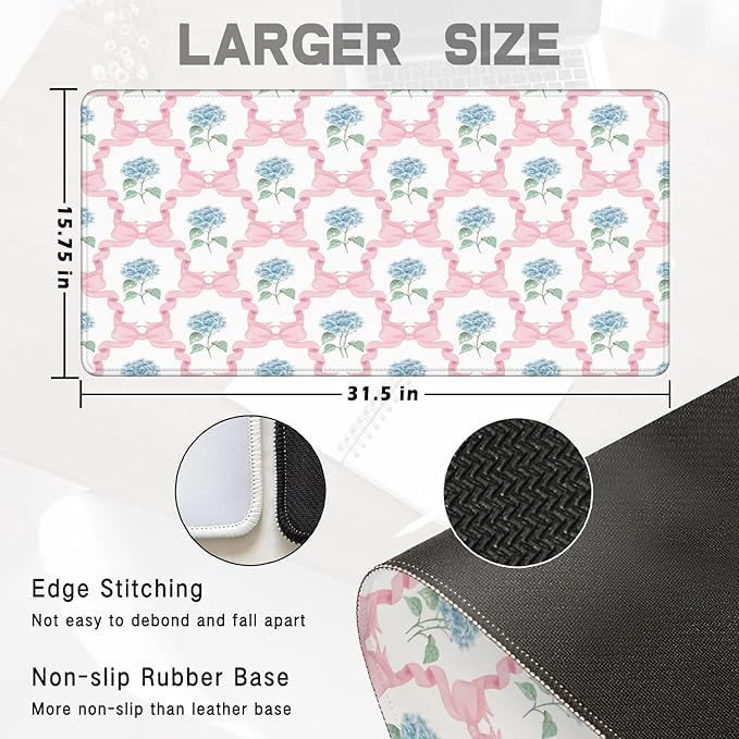 Blue Hydrangea Large Mouse Pad 31.5x15.7inch, Trendy Coquette Pink Bow Flower Aesthetic Large Extended Computer Desk Mat Mousepad for Keyboard and Mouse, Preppy Desk Accessories