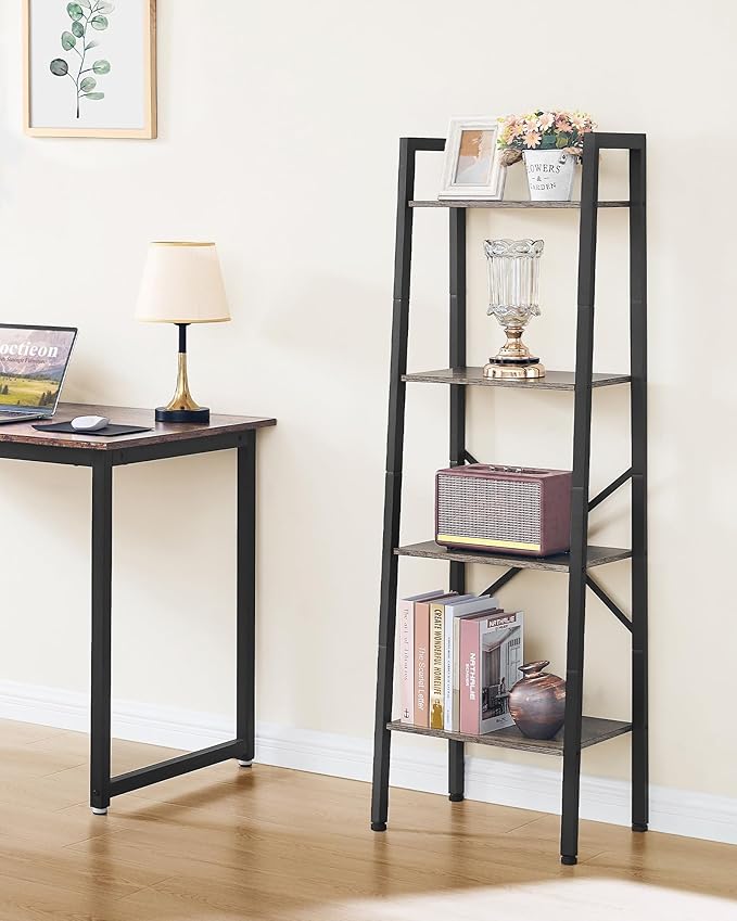 Hoctieon 4-Tier Industrial Ladder Bookshelf, Narrow Ladder Shelf, Tall Standing Bookshelf, Skinny Open Ladder Shelf, for Living Room, Home Office, Kitchen, Bedroom, Metal Frame, Greige