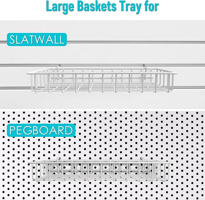 G.CORE Large Peg Board Baskets - 2 Pack Metal Shallow Tray Shelves for 1/4 Pegboards - Spray Bottle Holders Can Organizers for Garage Workbench Shop Hobby Craft Tool Organization (White)