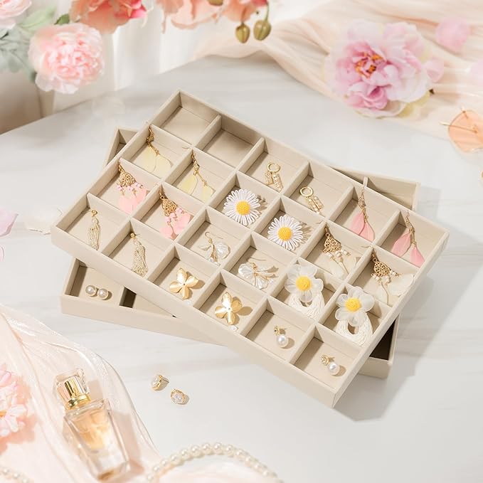 pickpiff Drawer Jewelry Organizer & Display Trays: 2pcs 24grid Velvet Stackable Jewelry Case (13.8x9.4x1.2inch) - Soft Beige Ring Storage Bracelet Holder Earring Box