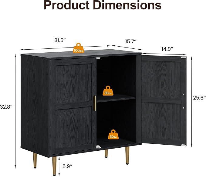 RoyalCraft 2-Door Storage Cabinet, Modern Wood Credenza with Adjustable Shelves, Freestanding Buffet Sideboard Cabinet for Living Room, Bedroom, Dining Room, Entryway, Black