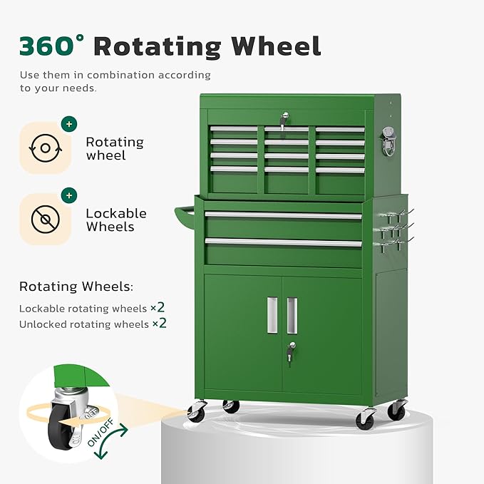 Greenvelly Tool Chest, 8-Drawer Rolling Tool Chest with Hooks and Lockable Wheels,Metal Storage Detachable Top Tool Box with Lockable Wheels for Garage,Workshop,Art Studio(Green)