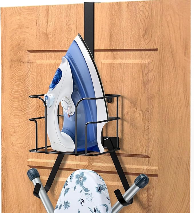 ORLESS Over The Door/Wall Mount Ironing Board Hanger, Laundry Room Iron and Ironing Board Caddy Storage Holder, Black