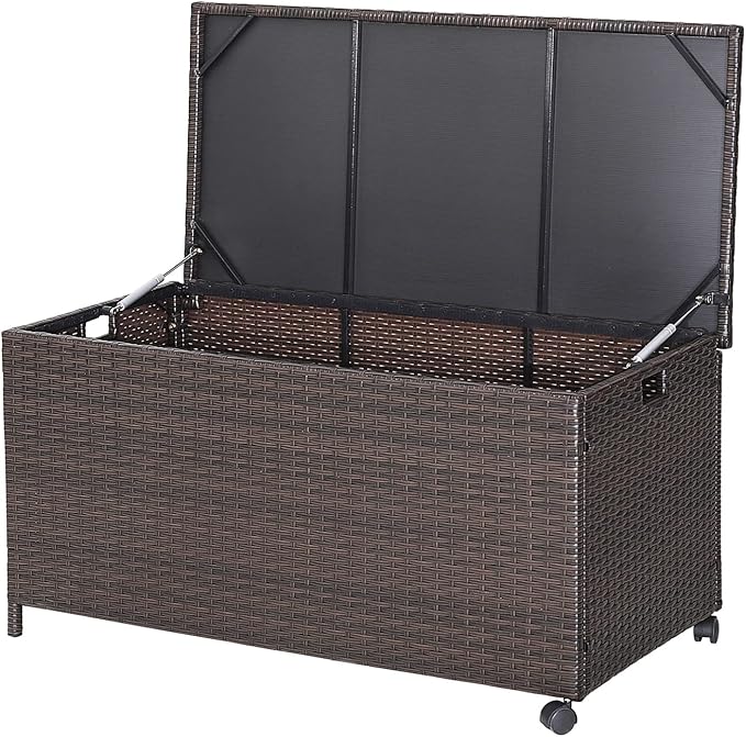 RELAX4LIFE Patio Rattan Storage Box - 50 Gallon All-Weather Wicker Storage Box w/Top Lid, Protective Liner and Wheels, Outdoor Deck Box Waterproof for Cushions, Toys, Garden Tools