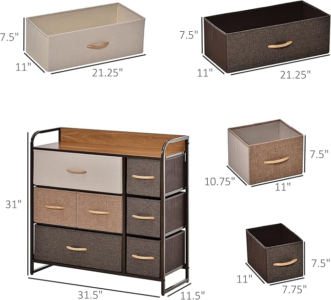 HOMCOM 7-Drawer Dresser, Fabric Chest of Drawers, 3-Tier Storage Organizer for Bedroom Entryway, Tower Unit with Steel Frame Wooden Top, Maple Wood