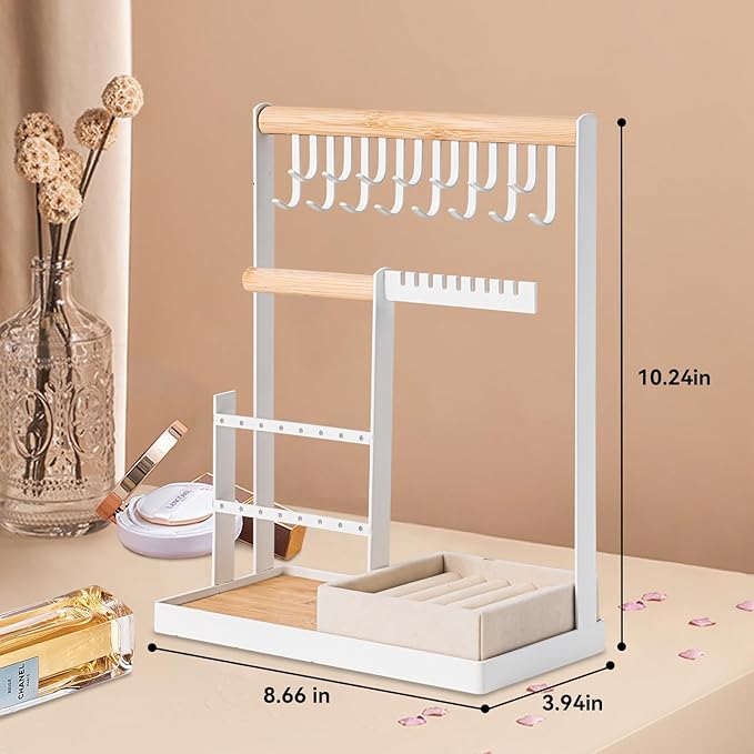 DreamGenius Jewelry Organizer Stand with Velvet Ring Holder, 4 Tier Jewelry Holder Organizer with 15 Hooks for Necklaces and 16 Holes for Earrings, White