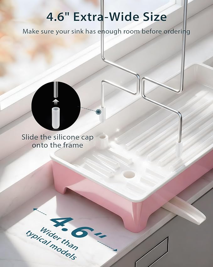 Ceramic-Look Sink Caddy, Rustproof Sponge Holder for Kitchen Sink with 304 Stainless-Steel Brush Holder, Countertop Rack Organizer with Raised Ridges & Silicone Drain Tube (Blush Pink)