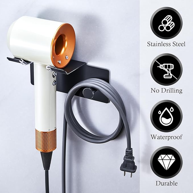 Hair Dryer Holder Wall Mounted, Blow Dryer Holder, Adhesive Hairdryer Holder for Bathroom, Hair Tool Organizer Hair Dryer Hanger, Blowdryer Holder for Wall, Hair Dryer Hook with Cord Storage (Black)