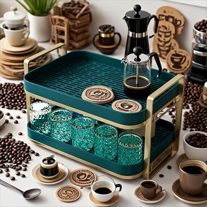 2 Tier Countertop Coffee Station Organizer with Removable Drying Trays - Carbon Steel Cup Rack for Mugs Bottles Kitchen Storage, Green