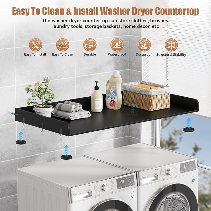 Washer Dryer Countertop, 27.5" D x 54" W Washer and Dryer Topper Covers with Edge Rails, Wood Laundry Room Countertop Shelves for Laundry Room Organization and Storage (Black)
