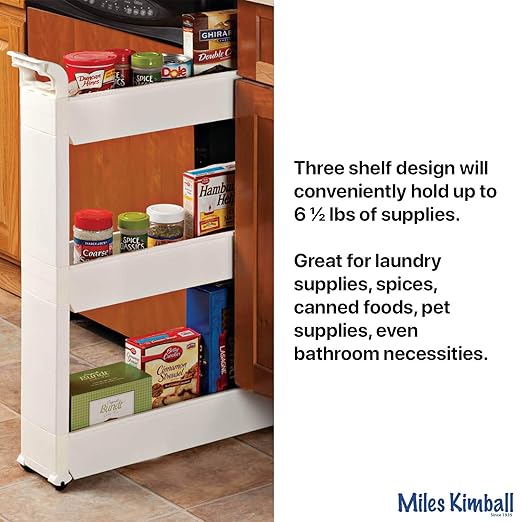 Miles Kimball Slim Storage Cart with 3 Baskets/Shelves and Rolling Casters for Kitchen, Laundry, and Small Space Storage, Durable Plastic - Measures 21" Long x 5" Wide x 28 1/4" High