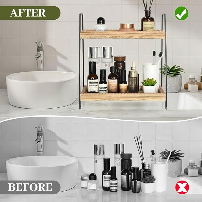 2 Tier Bathroom Countertop Organizer, Wood Bathroom Organizers and Storage, Slotted Edge Counter Shelf for Storage, Farmhouse Countertop Organizer for Bathroom, Kitchen, Coffee