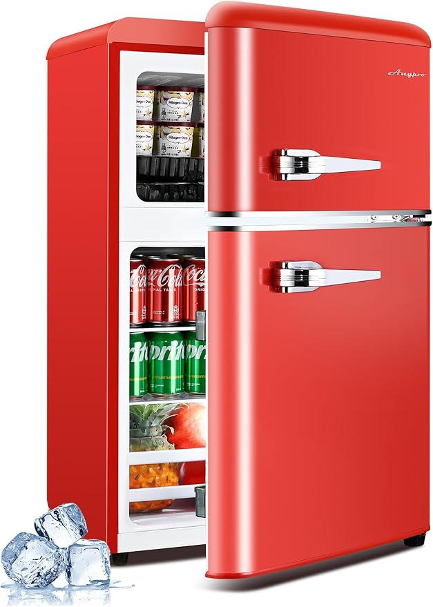 3.2 Cu.Ft Retro Fridge with Freezer, Double Door Refrigerator with 7 Level Thermostat, Low Noise, Adjustable Removable Glass Shelves for Bedroom Office Apartment Dorm Bar, Red