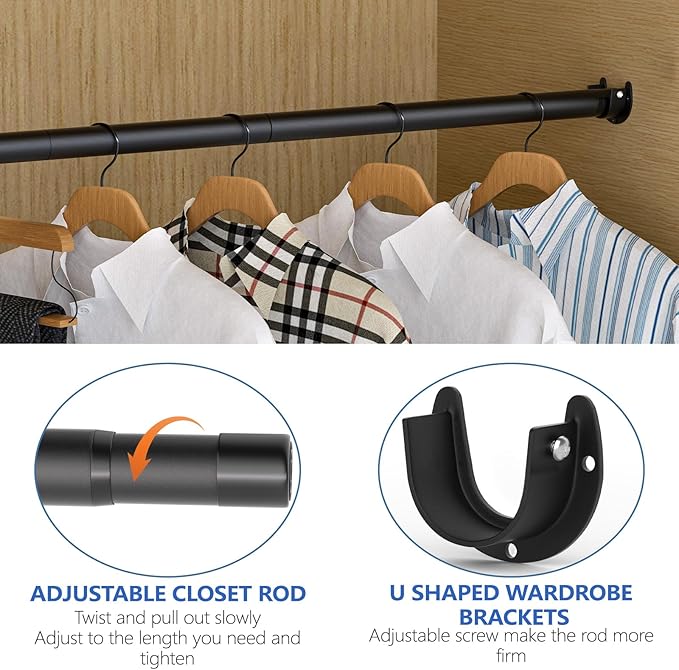 Closet Rods for Hanging Clothes, 17 to 53 Inch Closet Rod, Heavy Duty Adjustable Clothes Hanging Bar Rod Matte Black Closet Poles for Wardrobes, Closet, Bathroom, Windows,1.3 Inch Diameter