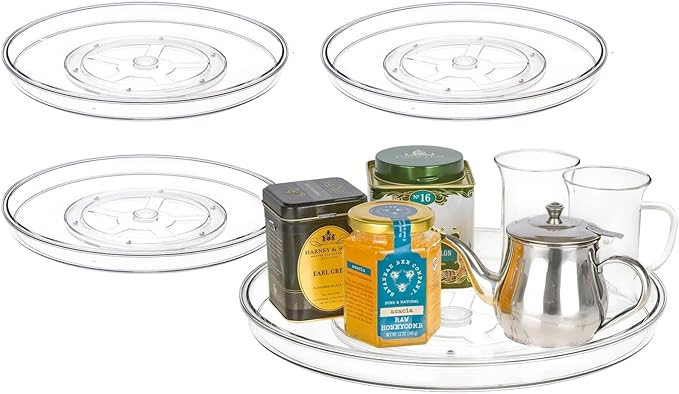 primebox 14" Lazy Susan Organizer. 360 Degree Rotating Turntable for Cabinets, Fridge, Pantry, Bathroom, Under Sink Organizing, Countertops, Vanity, Organizer for Spices Clear 4 Pack