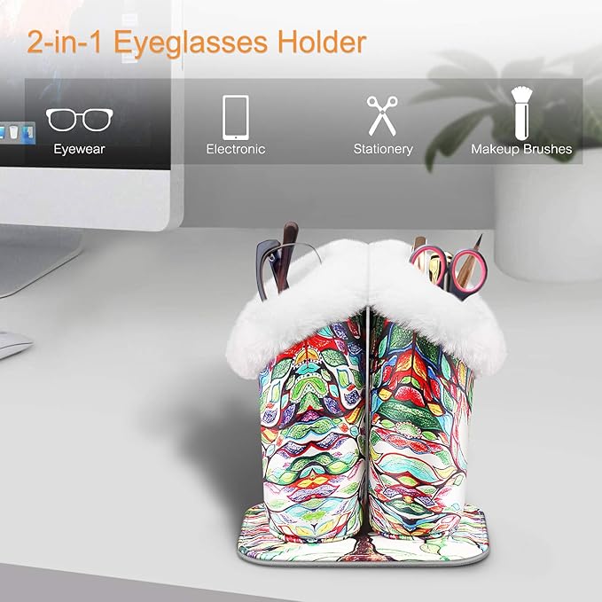 Fintie Plush Lined Double Eyeglasses Holder with Magnetic Base, Glasses Stand Case Organizer for Desk, Nightstand, Office, Love Tree