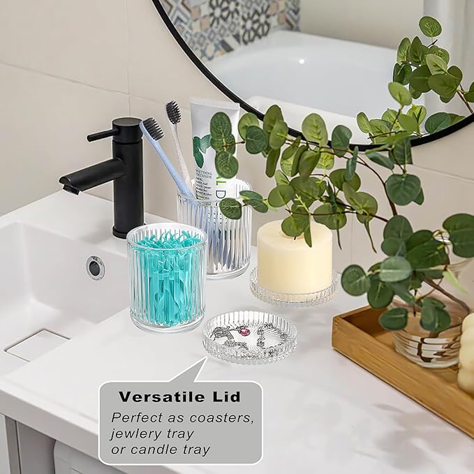 2 Pack Glass Qtip Holder with Lid, Qtip Dispenser Bathroom Storage Jars- Glass Apothecary Jars for Cotton Ball, Swab, Pads, Floss Picks, Bathroom Accessories Organization and Vanity Organizer(Clear)