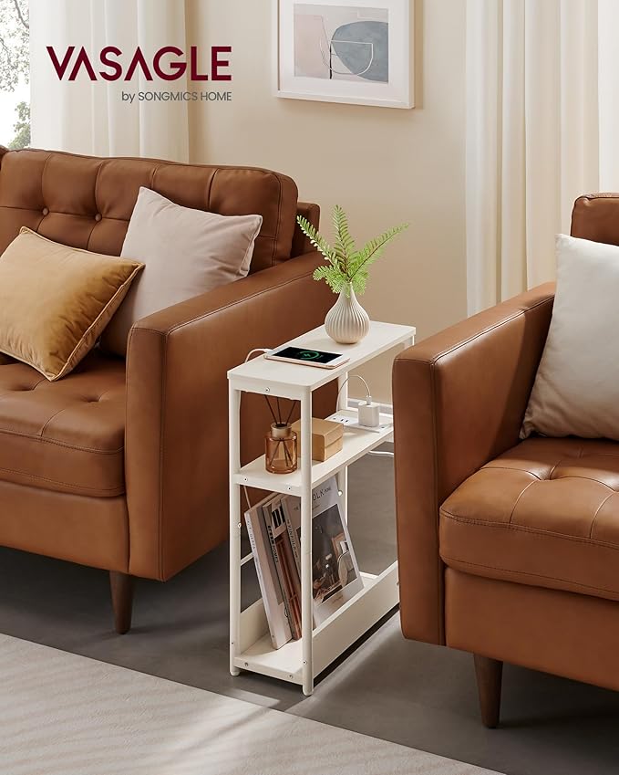 VASAGLE Side Table with Charging Station, Narrow End Table, 3-Tier Nightstand, Sofa Table for Small Spaces, Magazine Rack, for Living Room, Bedroom, Study, Cream White ULET335W01