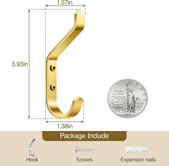 Coat Hooks Wall Mount for Hanging: 20LB Sturdy Hanger for Backpack, Towel, Bag, for Closet, Bathroom, Door, Mushroom, Brushed Gold 10 Pack, 3.75"