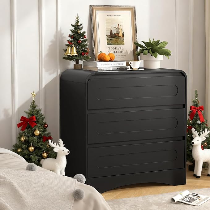3 Drawer Dressers for Bedroom, 32" Wide Wood Storage Dresser & Chest of Drawers Organizer, Large Modern Dressers with 3 Drawer Storage Organizer for Bedroom Living Room Hallway Closet, Black