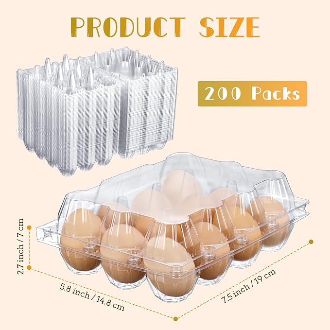 Zubebe 200 Pieces Clear Plastic Egg Carton - Bulk Empty Chicken Tray Holds Securely for Farm Business Market Home Refrigerator Storage (3 x 4 Grids)