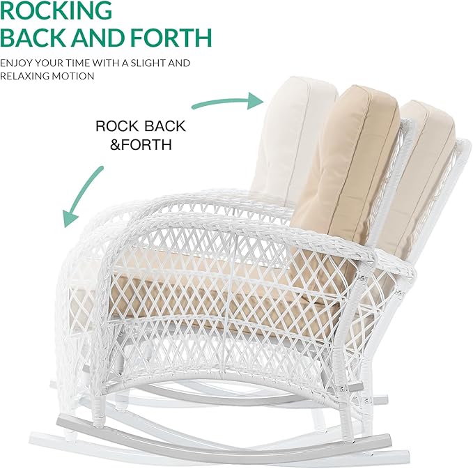 VIVIJASON 2 Piece Patio Wicker Rattan Rocker Chair, Outdoor Rattan Rocker Chair with Cushions & Steel Frame, All-Weather Rocking Lawn Wicker Furniture for Garden Backyard Porch (White Wicker/Beige)