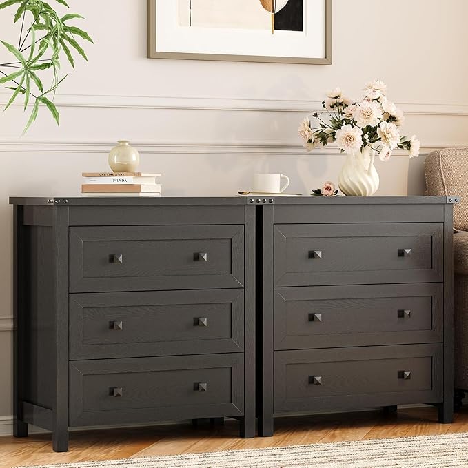 Dresser for Bedroom with 3 Drawers, 27.55" Wide Small Chests of Drawers, Farmhouse Wood Nightstand Bedside Cabinet End Table, Modern Closet Storage Organizer for Living Room, Entryway, Hallway, Black