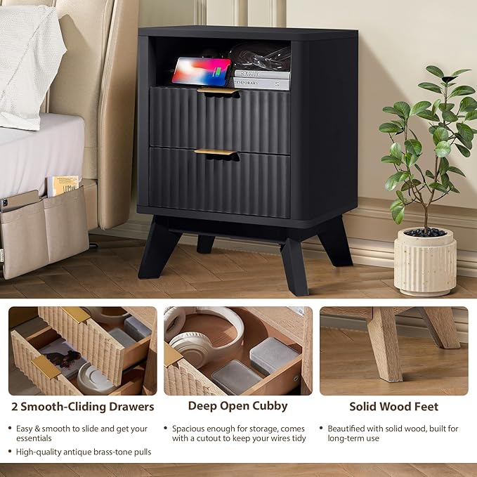 Fluted Nightstand - 24" Modern Bedside Table w/ 2 Drawers, Wood Bed Side End Table with Open Shelf, Night Stand with Storage Drawer, Curved Design Night Stands for Bedroom Living Room (Black)