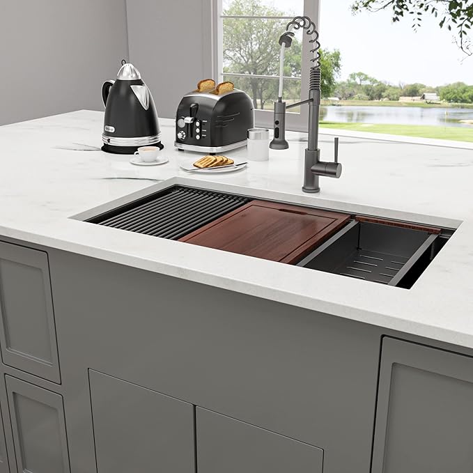 Lordear Matte Black Kitchen Sink 33 Undermount Kitchen Sink 33X19 Inch Ledge Workstation16 Gauge Stainless Steel Single Bowl Under Counter, Darker Than Gunmetal Black