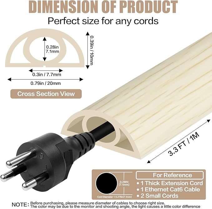 Floor Cord Cover Self Adhesive Cord Hider,3.3FT Cable Management, Extension Strip Protector for Wires, Prevent Cable Trips for Offices, Gyms, Exhibitions Cavity:0.3"(W) x 0.28"(H) Yellow Wood