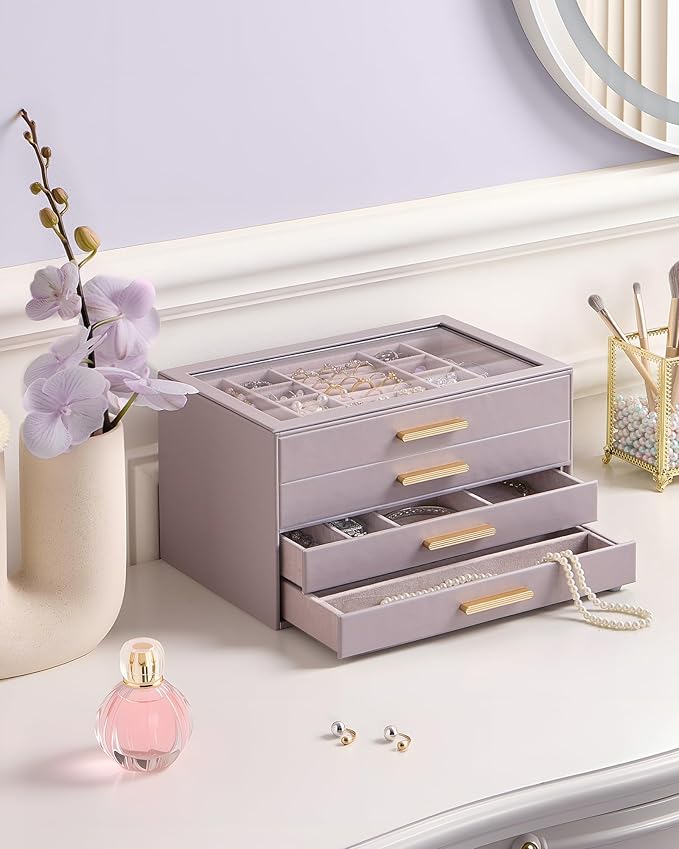 Lolalet Jewelry Box Organizer, 4-Layer Jewelry Organizers and Storage Case with Glass Lid, Ring Earring Bracelet Necklace Holder Organizer, Birthday Christmas Gifts for Women Girls -4Layer, HazePurple