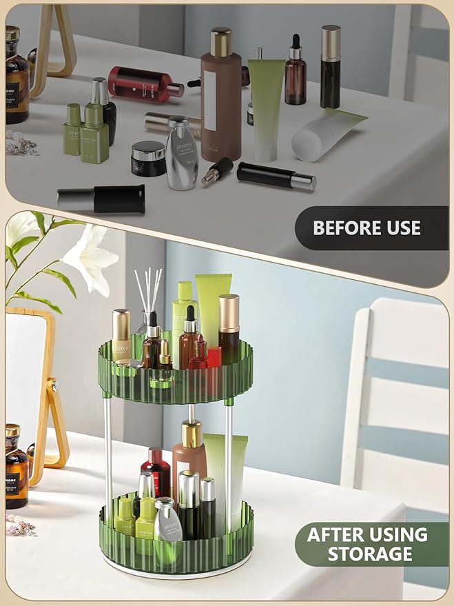 Makeup Organizer,360° Rotating Makeup Organizer,2-Tier Round Rotating Skincare Organizer Countertop,Fits Bedroom, Bathroom, Vanity Shelf Countertop(Green)