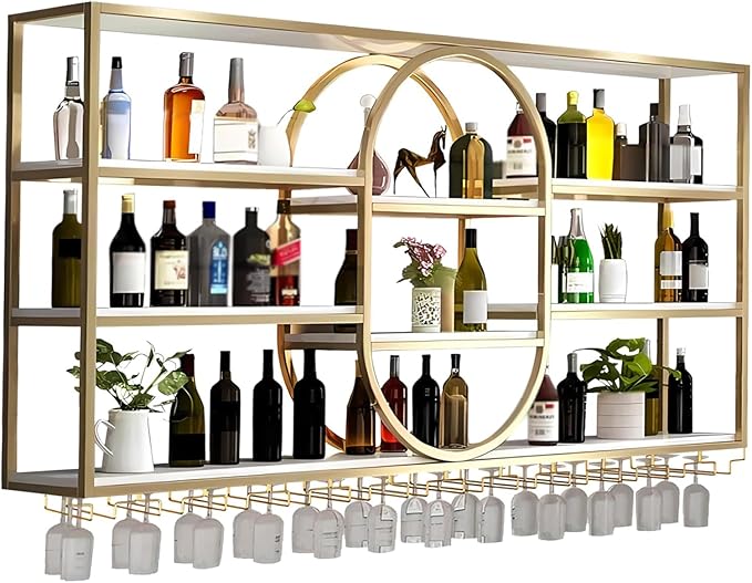 Large Wall Mount Wine Rack, Metal 4 Tier Large Capacity Hanging Bar Rack with Wine Glass Holder, Oval Wine Bottle Storage Display Rack for Kitchen, Living Room, Home (Gold, 140cm/55.1in)