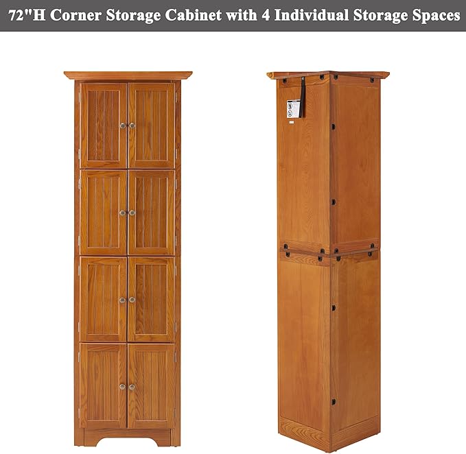 72" H Farmhouse Corner Storage Cabinet with 8 Doors & 4 Shelves, 4 Tier Kitchen Corner Pantry Cabinet Wooden Organizer Case Bookshelf, Home Space Saver Cabinet for Kitchen,Living Room (Oak)