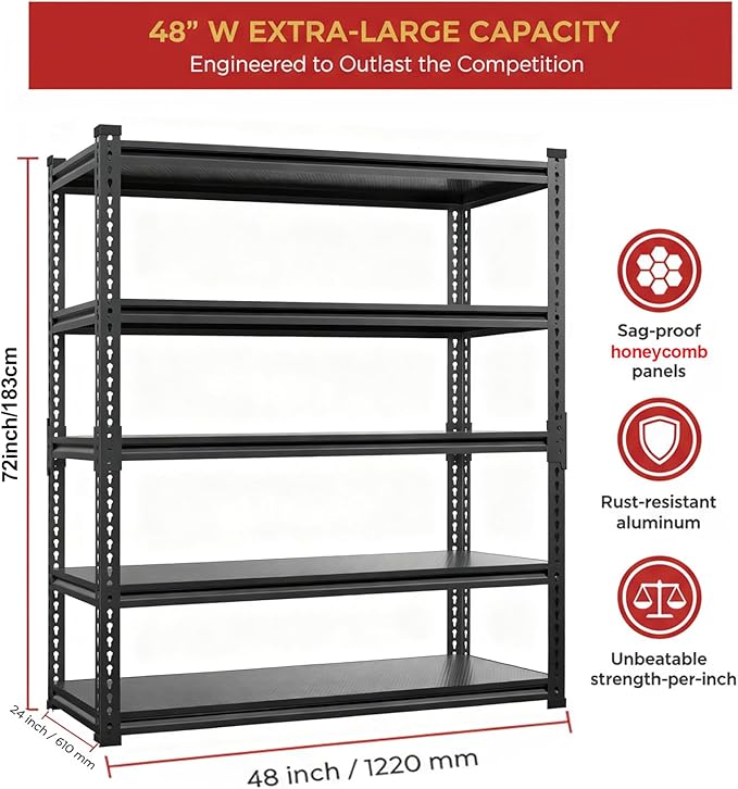Heavy Duty Garage Shelving, 5-Tier Storage Rack 3000LBS Capacity 48" W x 72" H x 24" D, Adjustable Storage Shelves, Boltless Assembly Shelving Unit for Workshop, Basement & Garage Organizer