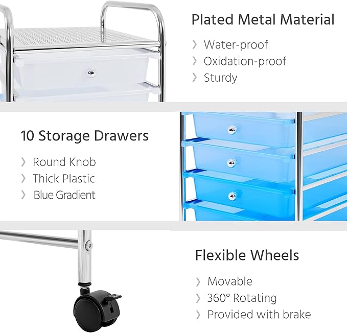 Yaheetech Rolling Cart Organizer Plastic Trolley with 10 Storage Drawers Utility Cart on Wheels Art Craft Organizer Ample Storage Space, Blue Gradient