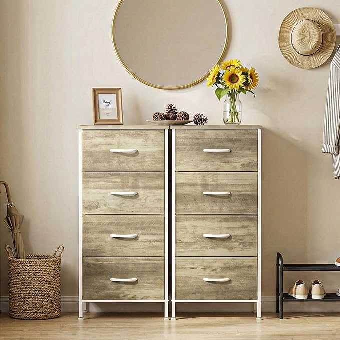 Sweetcrispy Nightstand Small Bedroom Dresser with 4 Fabric Drawers,Bed Side Furniture End Table,Wooden Top Cabinet Night Stand Dresser for Closet,Entryway,Dorm,Oak Greige