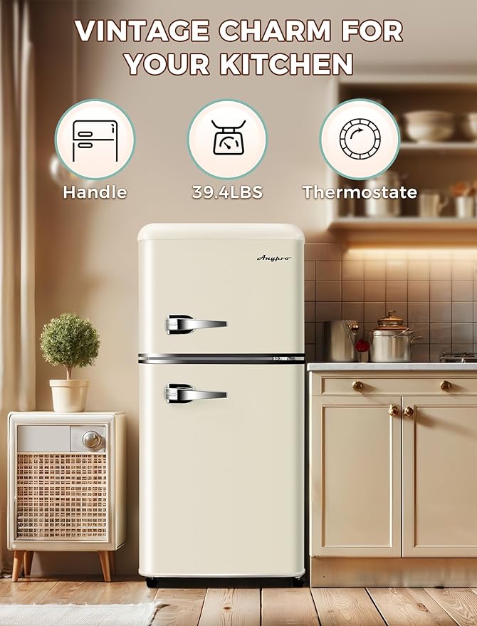 Fridge with Freezer, 3.2 Cu.Ft Retro Double Door Refrigerator with 7 Level Thermostat, Adjustable Removable Glass Shelves for Bedroom Office Apartment Dorm Bar, White