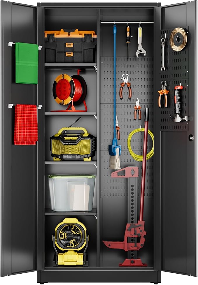 SUXXAN Broom Closet Storage Cabinet, 61.6" x 11.7" x 27.5" Metal Cleaning Cabinets with Hooks and Hanging Rods, Lockable Cabinet with Pegboard, Adjustable Shelf,for Garage, Laundry Room