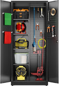 SUXXAN Broom Closet Storage Cabinet, 61.6" x 11.7" x 27.5" Metal Cleaning Cabinets with Hooks and Hanging Rods, Lockable Cabinet with Pegboard, Adjustable Shelf,for Garage, Laundry Room