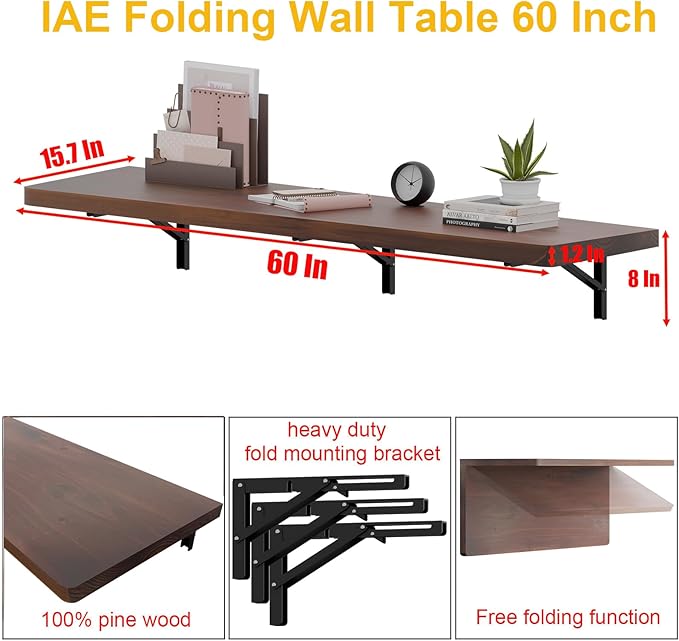 IAE Wall Mounted Folding Table with Pine Wood,60" x 16" Floating Wall Desk,Laundry Folding Table with Shelf Brackets,Fold Down Desk Shelf,Folding Workbench for Home,Dining,Laundry Room,Kitchen,Brown