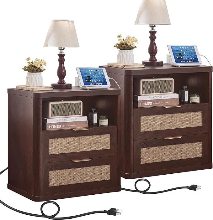 LEYAOYAO Rattan Nightstands Set of 2 with Charger Station, 23" Wide Boho Night Stand with 2 Drawers, Bedside Table Open Shlef, Bed Side End Table Dresser for Bedroom, Living Room Hallway, Walnut