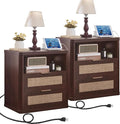 LEYAOYAO Rattan Nightstands Set of 2 with Charger Station, 23" Wide Boho Night Stand with 2 Drawers, Bedside Table Open Shlef, Bed Side End Table Dresser for Bedroom, Living Room Hallway, Walnut