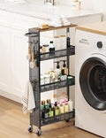 Utility Slim Storage Cart 4 Tier Small Rolling Kitchen Laundry Room Organization Cart with Wood Top Metal Narrow Laundry Room Shelves Cabinet Unit Laundry Organizer Trolley with Handle for Small space
