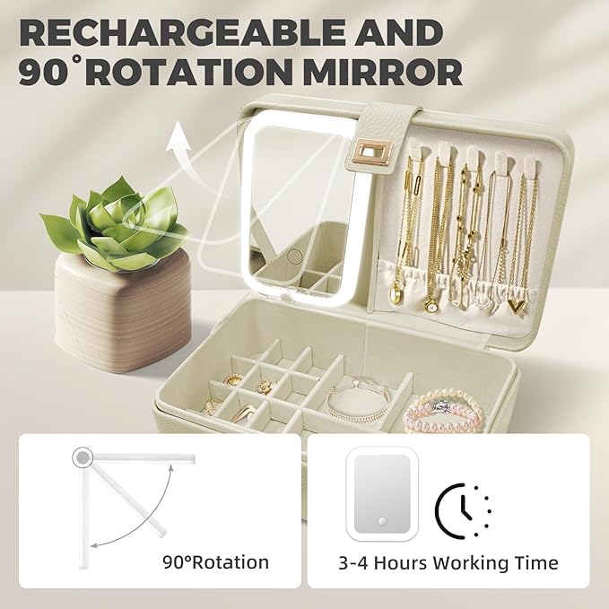 LED Jewelry Box with Mirror- Jewelry Organizer with Movable Compartment Pieces, 6.69 x 9.45 x 3.74 Inches, PU Surface Womens Jewelry Case for Necklaces, Rings, Bracelets, Gift for Women,Cloud White