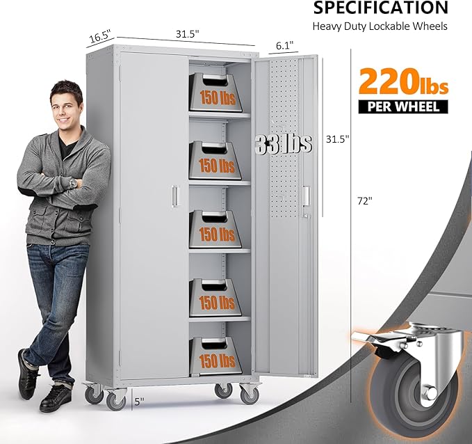 VINGLI 72'' Tall Garage Storage Cabinet, Metal Storage Cabinet with Pegboards, Wheels, Locking Doors and Adjustable Shelves (Gray, 32''W x 16''D x 72''H)