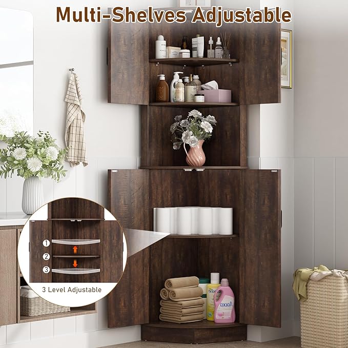 68" Tall Farmhouse Corner Cabinet, Dining Room Storage Cabinet with 4 Barn Doors and 5 Adjustable Shelves, Brown