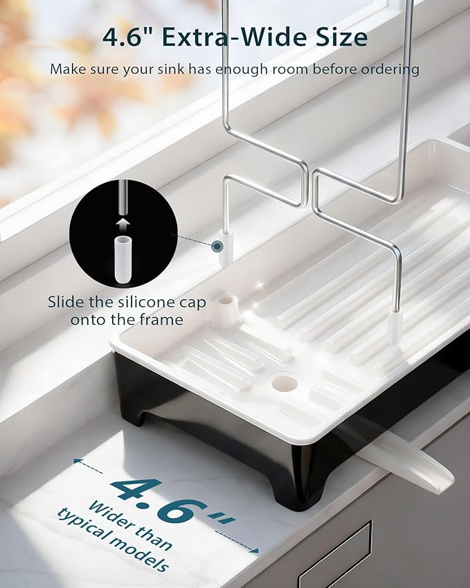Ceramic-Look Sink Caddy, Rustproof Sponge Holder for Kitchen Sink with 304 Stainless-Steel Brush Holder, Countertop Rack Organizer with Raised Ridges & Silicone Drain Tube (Black)