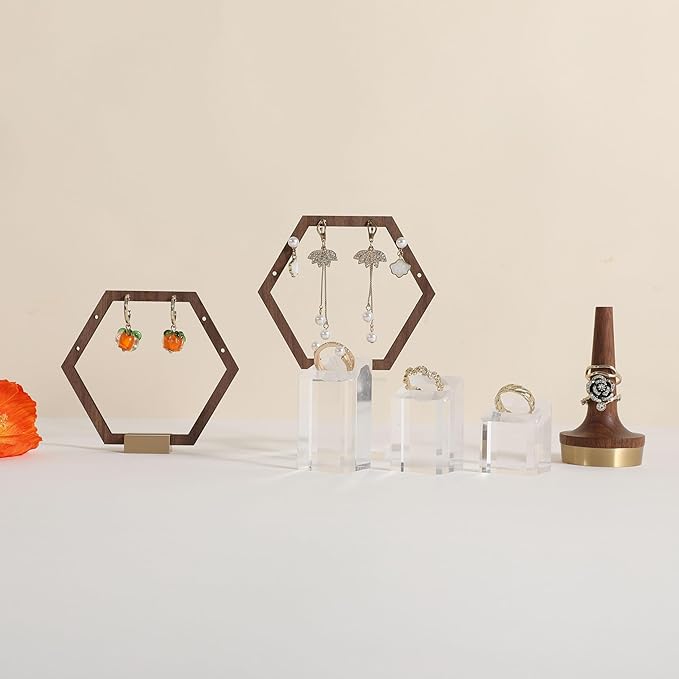 GemeShou 3pcs Wooden stud earring organizer holder, walnut earring hangers with brass base, Small Cute earring display for selling with 9 holes for each【Hexagon frame-3pcs】